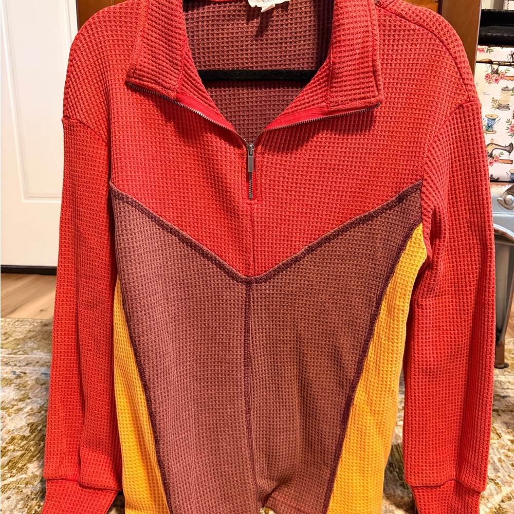 Colorblock Long Sleeve Top - Red, Brown, Yellow